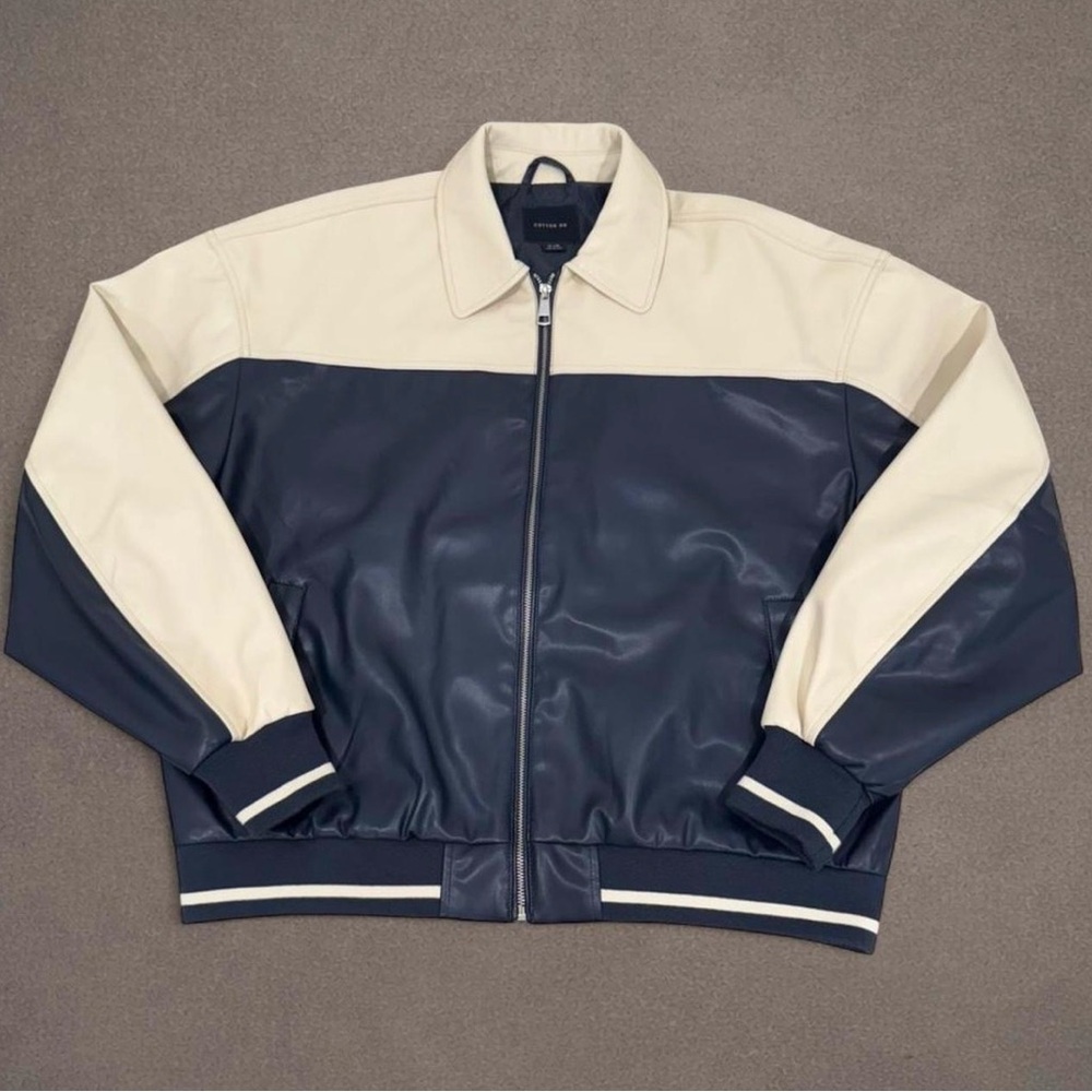 Cotton On Navy & Cream Vintage Style Leather Jacket